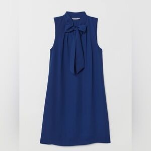 H&M Navy Blue Midi Dress 12 L Tied Bow Neck Short Sleeve Office Career Career